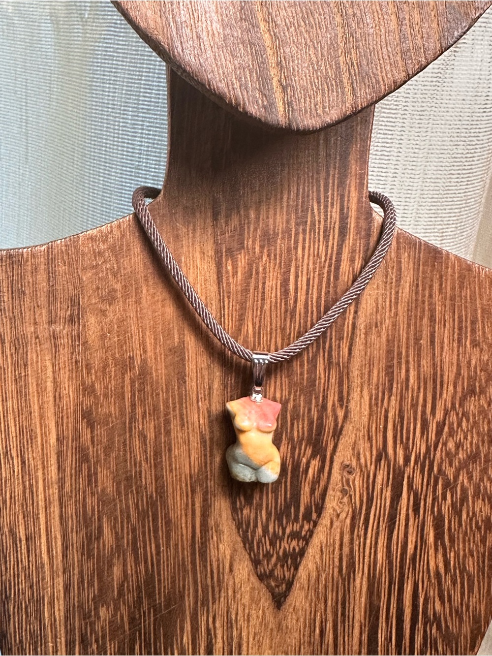 Multicolor Mini Agate Body Carving Pendant Necklace on Brown Rope - Picture 9 of 16